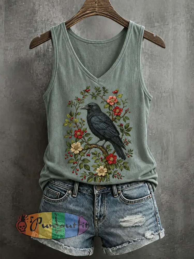 Women’s Gothic Raven Print Casual T-shirt - Green · S