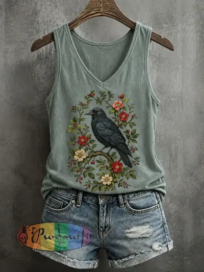 Women’s Gothic Raven Print Casual T-shirt - Green · S