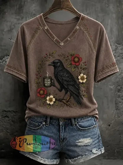 Women’s Gothic Raven Print Casual T-shirt - Brown · S