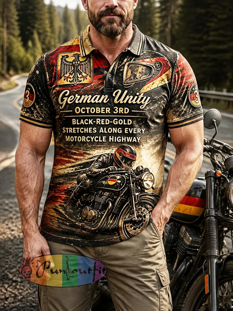 Men’s Retro German Flag Unity Day Motorcycle Print Trendy Casual Polo Shirt - Black · S