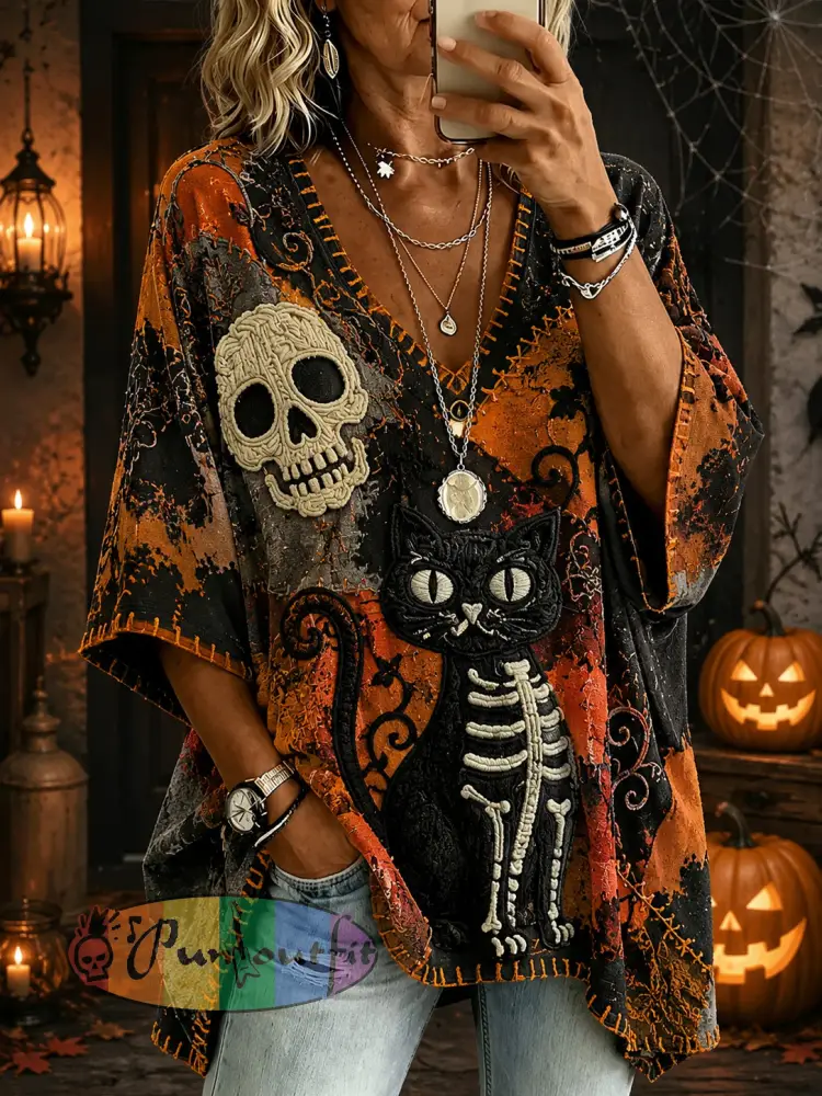Women’s Halloween Black Cat Printed V-neck T-shirt - As picture · S