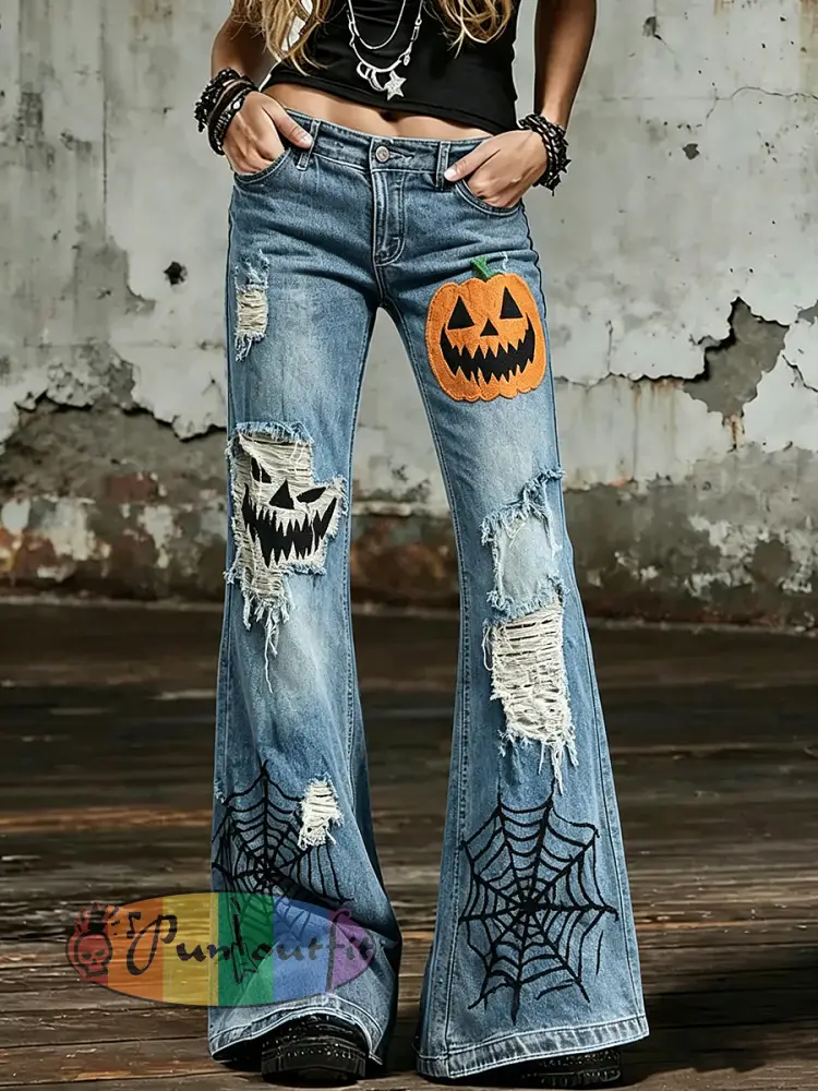 Women’s Halloween Art Print Flared Trousers - Blue · S