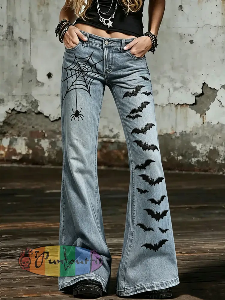 Women’s Halloween Art Print Flared Trousers - Blue · S