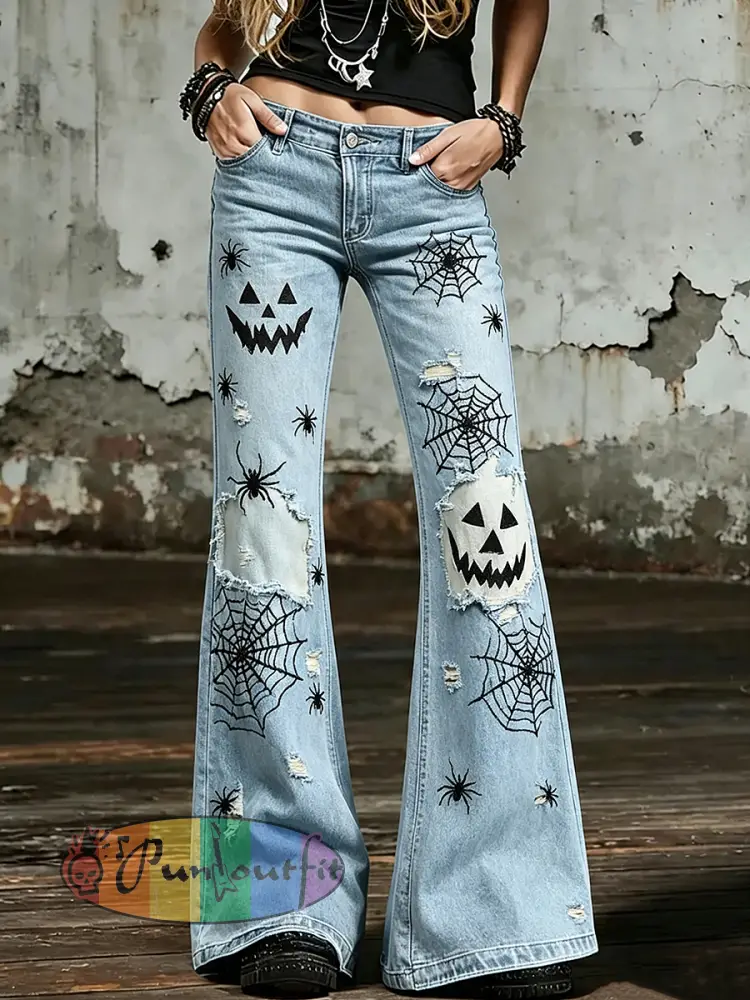 Women’s Halloween Art Print Flared Trousers - Blue · S