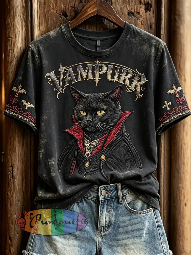 Women’s Vampurr Vampire Cat Gothic Print short-sleeved T-shirt - Black · S