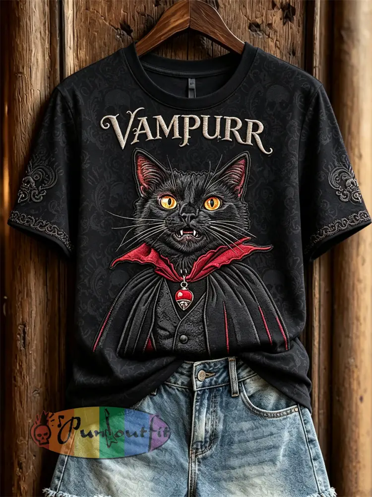 Women’s Vampurr Vampire Cat Gothic Print short-sleeved T-shirt - Black · S