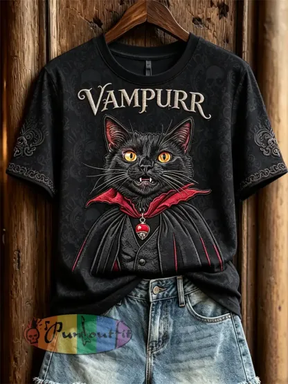 Women’s Vampurr Vampire Cat Gothic Print short-sleeved T-shirt - Black · S