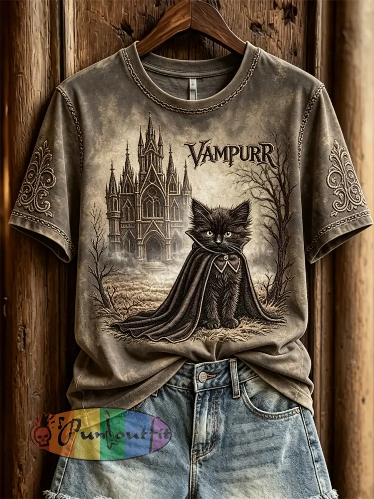 Women’s Vampurr Vampire Cat Gothic Print short-sleeved T-shirt - Dark Brown · S