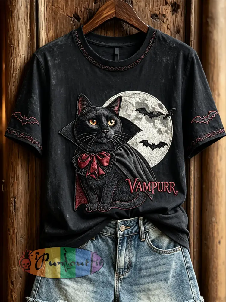 Women’s Vampurr Vampire Cat Gothic Print short-sleeved T-shirt - Black · S