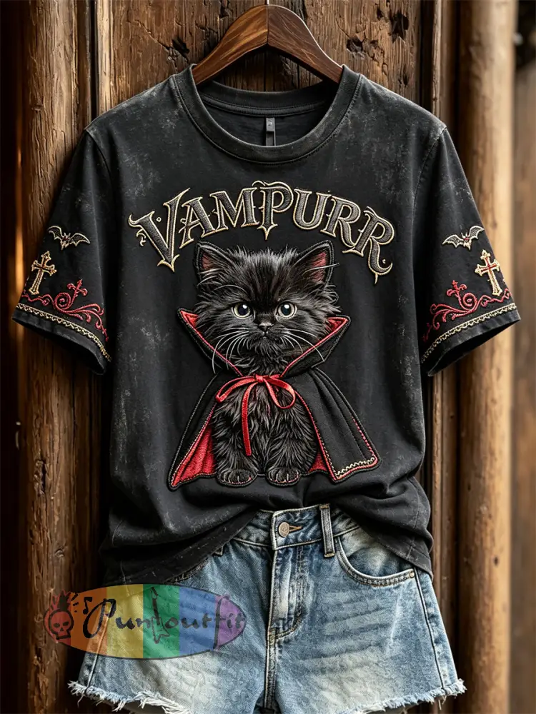 Women’s Vampurr Vampire Cat Gothic Print short-sleeved T-shirt - Black · S