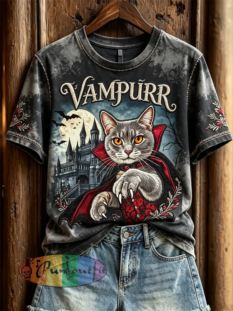 Women’s Vampurr Vampire Cat Gothic Print short-sleeved T-shirt - Dark Gray · S