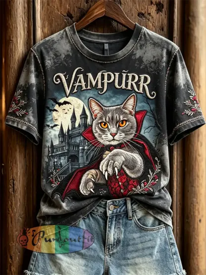 Women’s Vampurr Vampire Cat Gothic Print short-sleeved T-shirt - Dark Gray · S