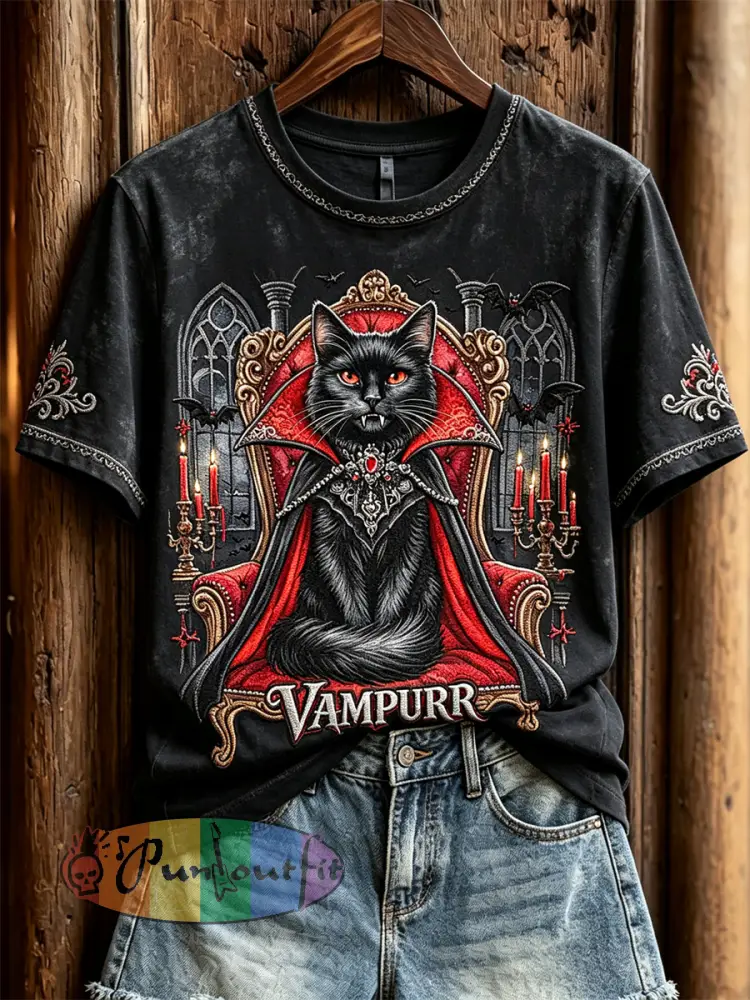 Women’s Vampurr Vampire Cat Gothic Print short-sleeved T-shirt - Black · S