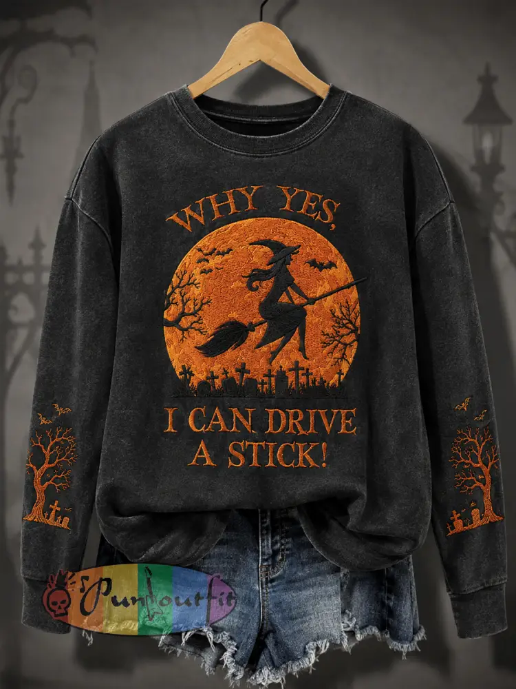 Women’s Funny Halloween Why Yes Actually I Can Drive A Stick Witch Print Casual Sweatshirt - Black · S