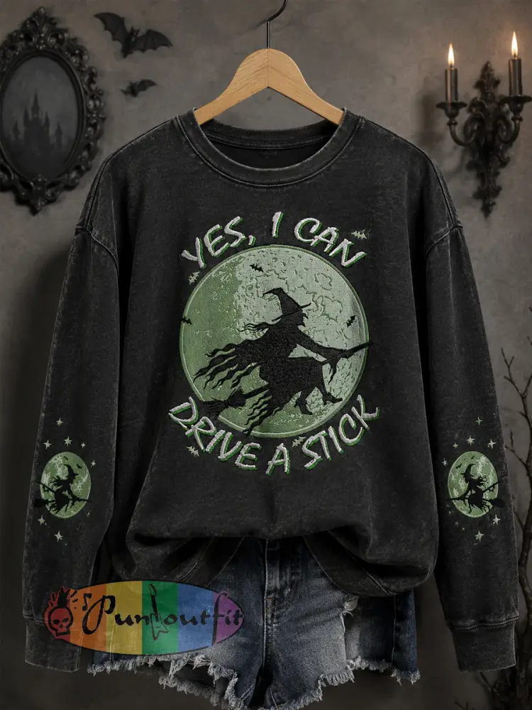 Women’s Funny Halloween Why Yes Actually I Can Drive A Stick Witch Print Casual Sweatshirt - Black · S
