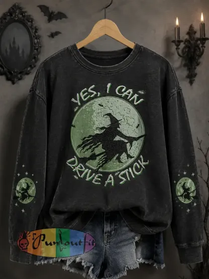 Women’s Funny Halloween Why Yes Actually I Can Drive A Stick Witch Print Casual Sweatshirt - Black · S