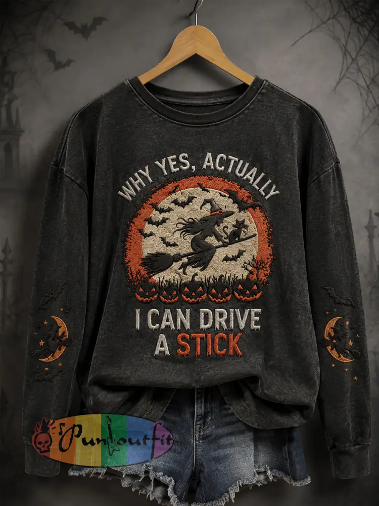 Women’s Funny Halloween Why Yes Actually I Can Drive A Stick Witch Print Casual Sweatshirt - Black · S