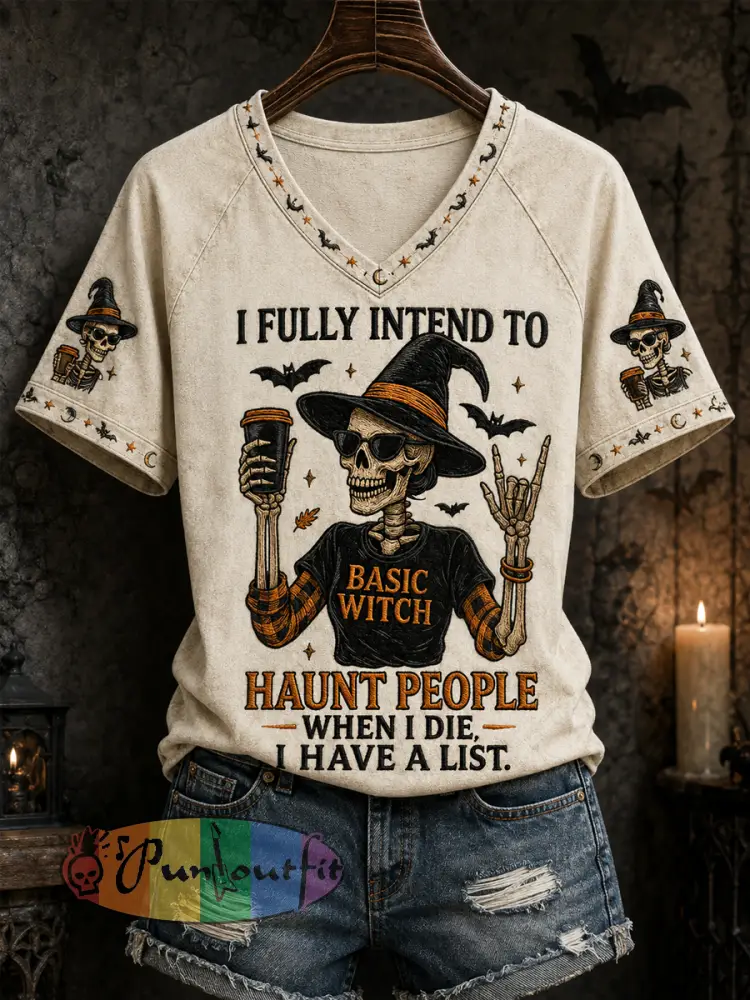 Women’s Funny Halloween Skull Witch Print Casual V-Neck Tee - Creamy-White · S