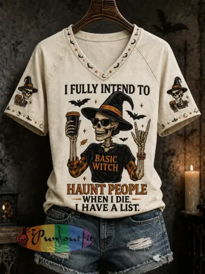 Women’s Funny Halloween Skull Witch Print Casual V-Neck Tee - Creamy-White · S