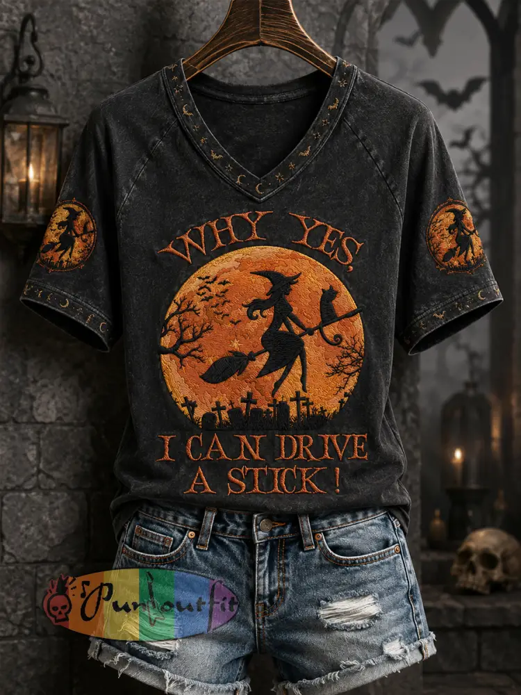 Women’s Funny Halloween Why Yes Actually I Can Drive A Stick Witch Print Casual V-Neck Tee - Black · S