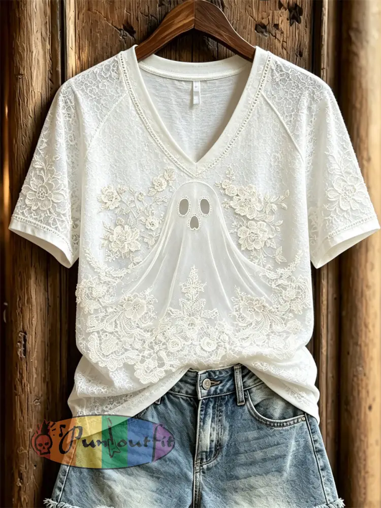 Women’s Halloween Classy Ghost Floral Art Gothic Print short-sleeved T-shirt - White · S