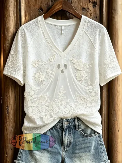 Women’s Halloween Classy Ghost Floral Art Gothic Print short-sleeved T-shirt - White · S