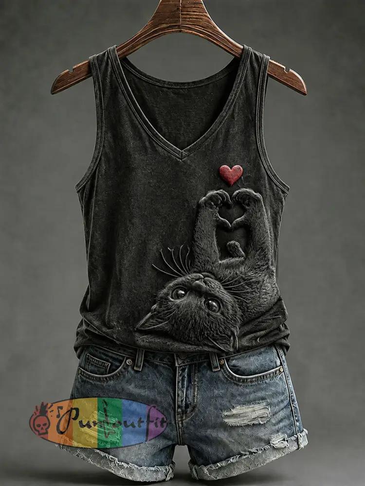 Women’s Gothic Black Cat V-Neck Vests - Black · S