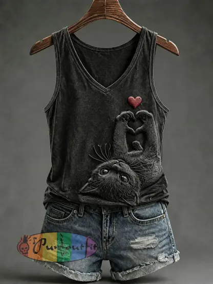Women’s Gothic Black Cat V-Neck Vests - Black · S
