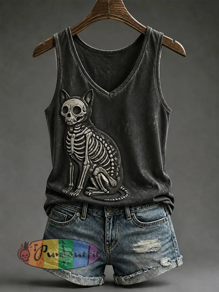 Women’s Gothic Cat V-Neck Vests - Black · S