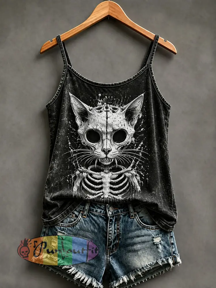 Women’s Gothic Style Skull Cat vests - Black · S