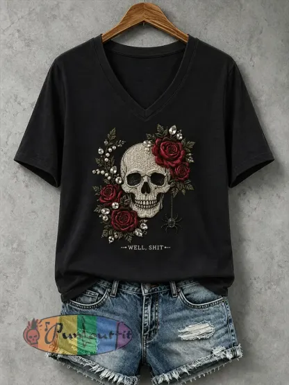 Women’s Gothic Skull And Rose T-Shirt - Black · S