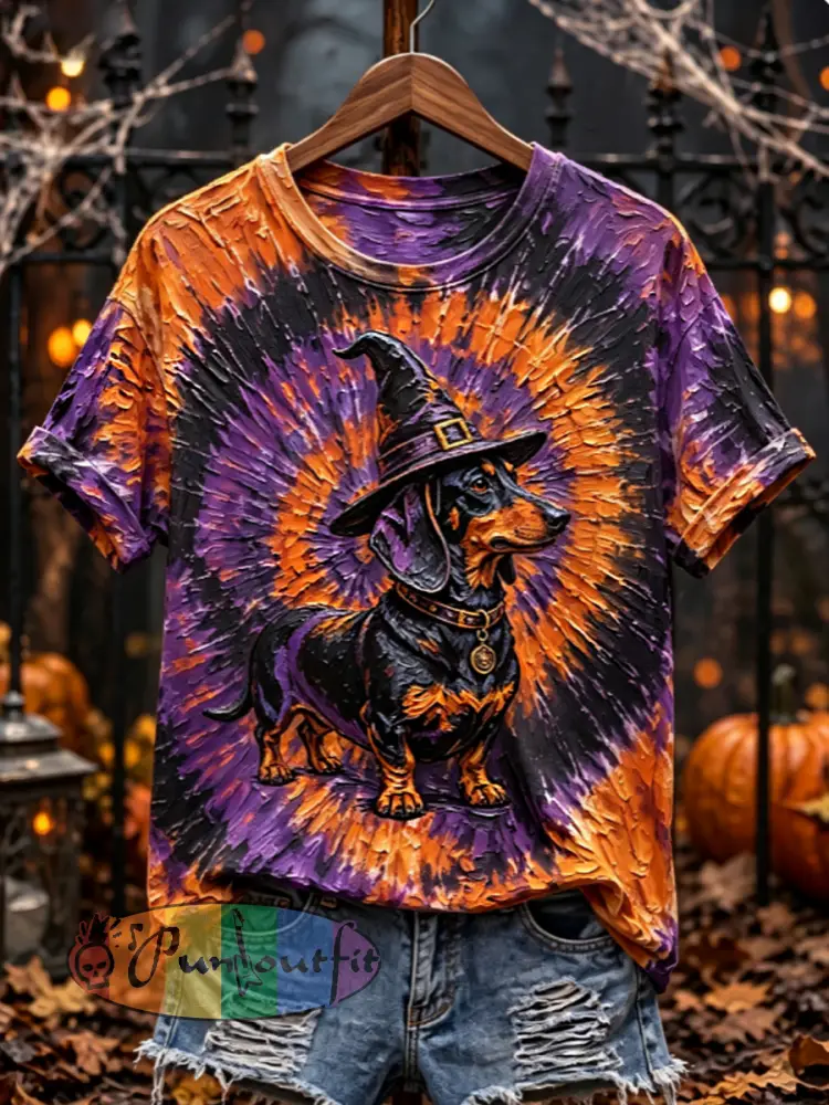 Women’s Hippie Witch Dachshund Halloween T-shirt - Orange · S