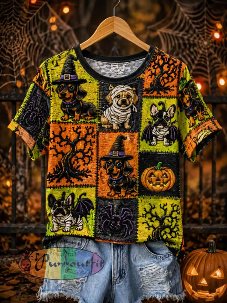 Women’s Halloween witch dog short-sleeved T-shirt - Green · S