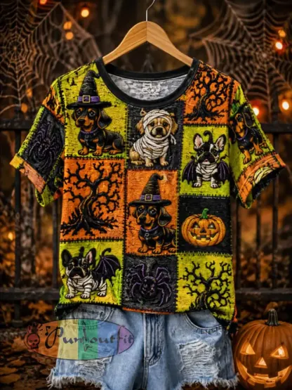 Women’s Halloween witch dog short-sleeved T-shirt - Green · S