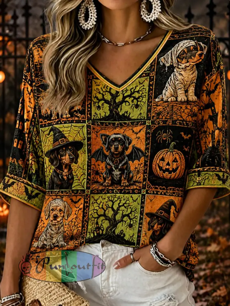 Women’s Halloween witch dog Mid-length Sleeves V-Neck T-Shirt - Green · S