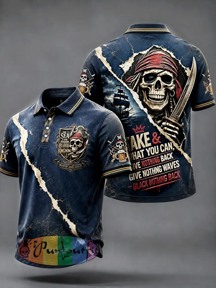 Men’s Dark Blue Pirate-Themed Print Casual Polo Shirt - Blue · S