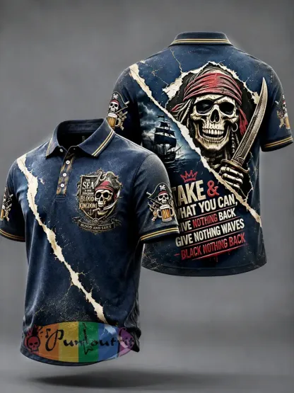 Men’s Dark Blue Pirate-Themed Print Casual Polo Shirt - Blue · S