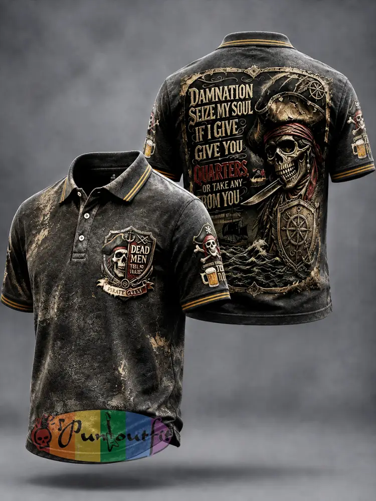 Men’s Retro Pirate Slogan-Printed Casual Polo Shirt - Black · S