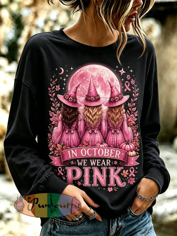 Women’s Witches In October We Wear Pink Regular Sweatshirt - Black · S