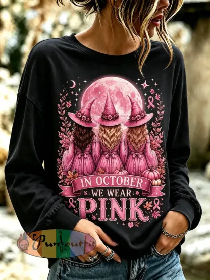 Women’s Witches In October We Wear Pink Regular Sweatshirt - Black · S