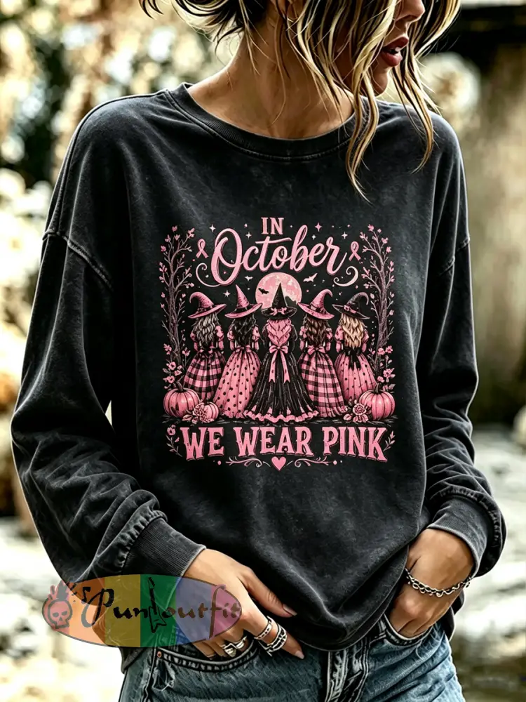 Women’s Witches In October We Wear Pink Regular Sweatshirt - Black · S