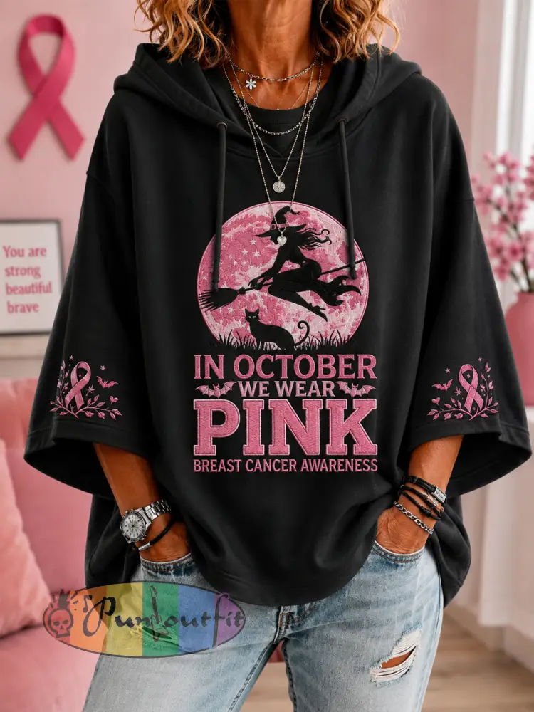 Women’s In October We Wear Pink Halloween Pink Witch Print Breast Cancer Awareness Support 3/4 Sleeve Hoodie - Black · S