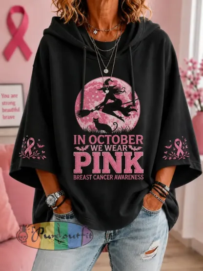 Women’s In October We Wear Pink Halloween Pink Witch Print Breast Cancer Awareness Support 3/4 Sleeve Hoodie - Black · S