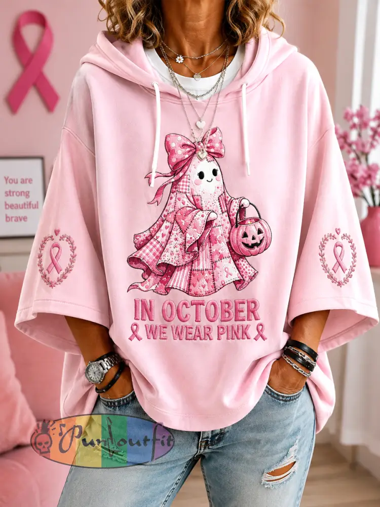 Women’s In October We Wear Pink Halloween Pink Ghost Print Breast Cancer Awareness Support 3/4 Sleeve Hoodie - Pink · S