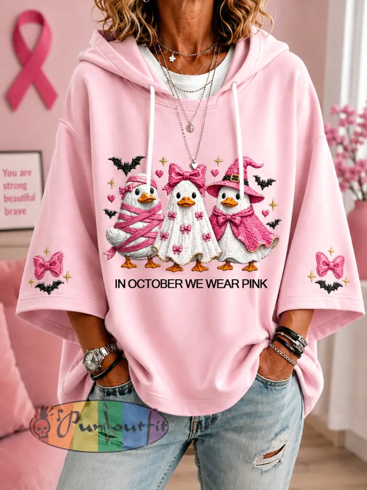 Women’s In October We Wear Pink Halloween Pink Ghost Print Breast Cancer Awareness Support 3/4 Sleeve Hoodie - Pink · S