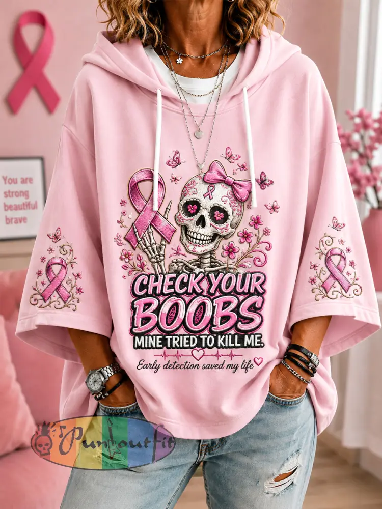 Women’s In October We Wear Pink Cheek Your Boos Skull Print Breast Cancer Awareness Support 3/4 Sleeve Hoodie - Pink · S