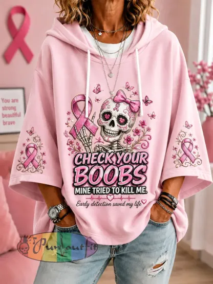 Women’s In October We Wear Pink Cheek Your Boos Skull Print Breast Cancer Awareness Support 3/4 Sleeve Hoodie - Pink · S