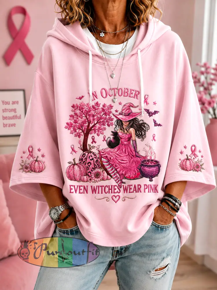 Women’s In October Even Witches Wear Pink Breast Cancer Awareness Support 3/4Sleeve Hoodie - Pink · S