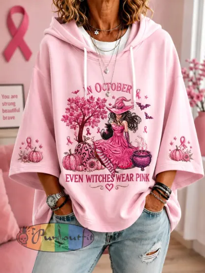Women’s In October Even Witches Wear Pink Breast Cancer Awareness Support 3/4Sleeve Hoodie - Pink · S