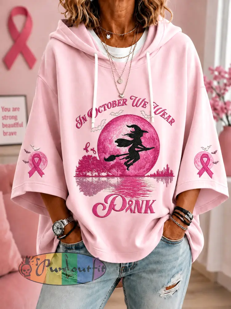Women’s In October We Wear Pink Halloween Pink Witch Print Breast Cancer Awareness Support Hoodie - Pink · S